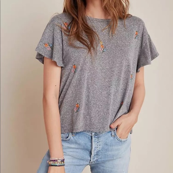 Anthropologie Tops - ANTHROPOLOGIE T.La GRAY EMBROIDERED FLORAL FLUTTER SLEEVE WAYFARING TEE